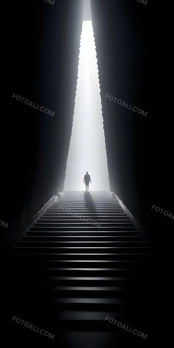 A Lone Person Walking Up A Long Dark Staircase Leading To A Bright Light At The Top In A Dimly Lit Environment 31 0539