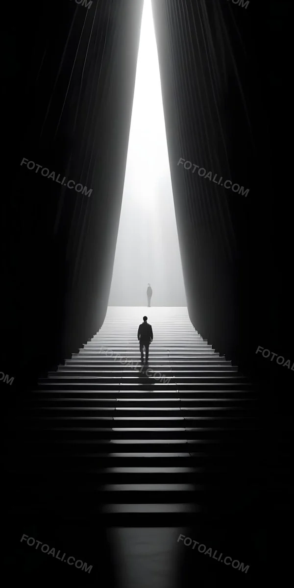 A Lone Person Walking Up A Long Dark Staircase Leading To A Bright Light At The Top In A Dimly Lit Environment 32 0623
