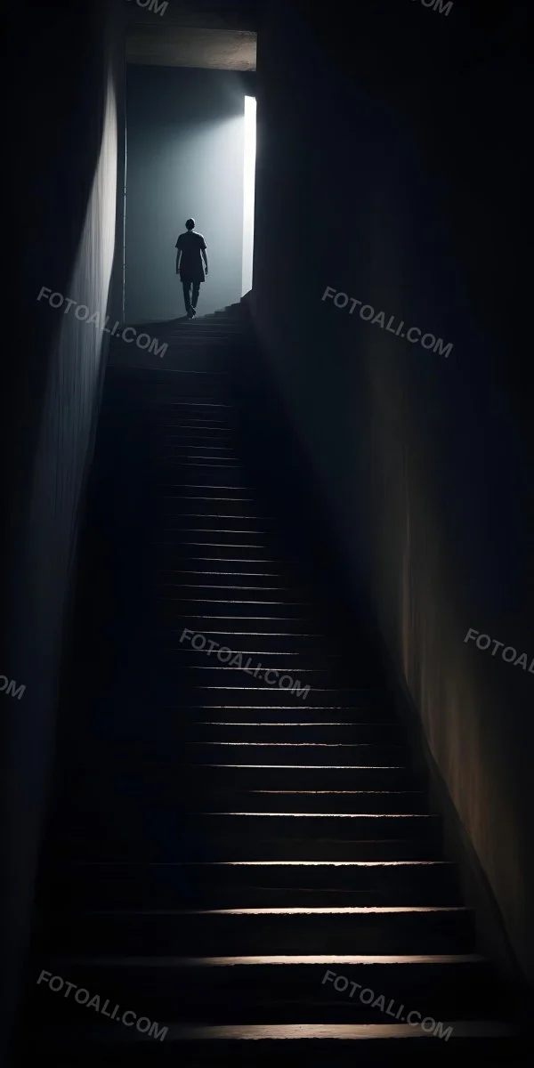 A Lone Person Walking Up A Long Dark Staircase Leading To A Bright Light At The Top In A Dimly Lit Environment 4 2f89