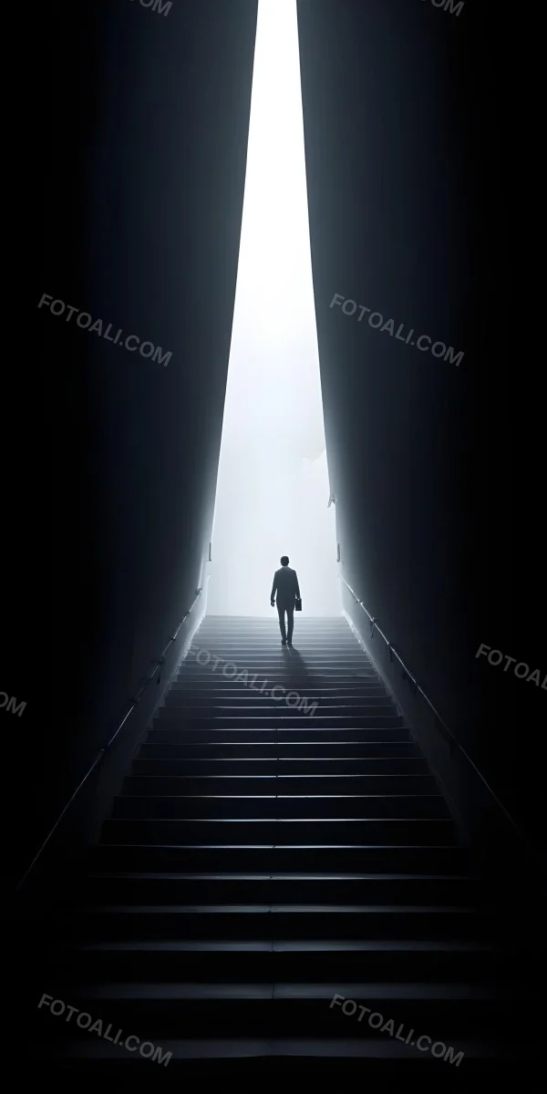 A Lone Person Walking Up A Long Dark Staircase Leading To A Bright Light At The Top In A Dimly Lit Environment 6 8370