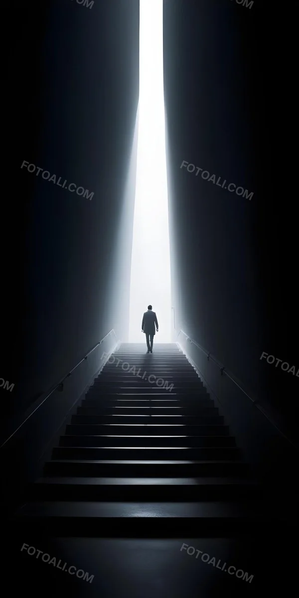 A Lone Person Walking Up A Long Dark Staircase Leading To A Bright Light At The Top In A Dimly Lit Environment 7 3fb8