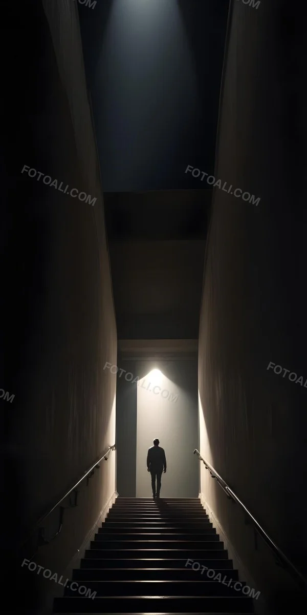 A Lone Person Walking Up A Long Dark Staircase Leading To A Bright Light At The Top In A Dimly Lit Environment 9 30cd