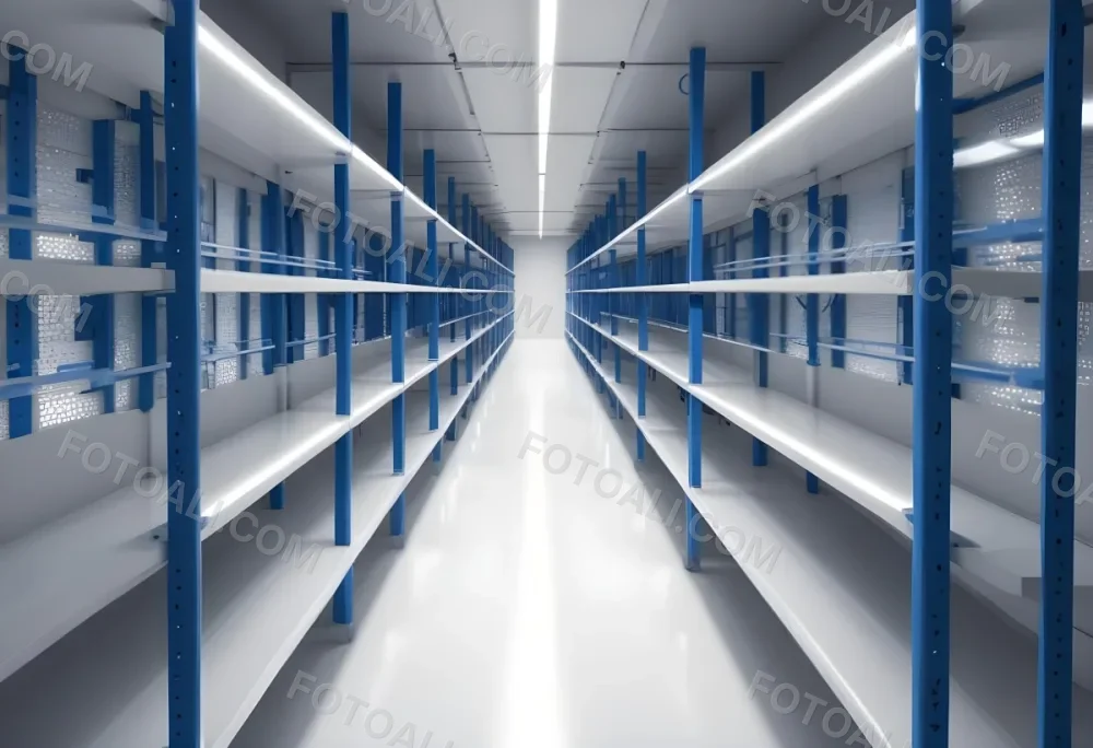 A Long Aisle With White Metal Shelves On Both Sides White Floor And A White Ceiling With Lights 11 0ba5
