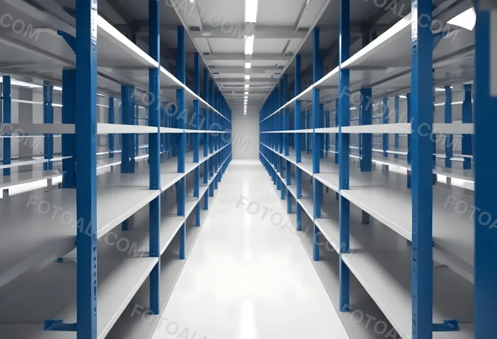 A Long Aisle With White Metal Shelves On Both Sides White Floor And A White Ceiling With Lights 12 76f0