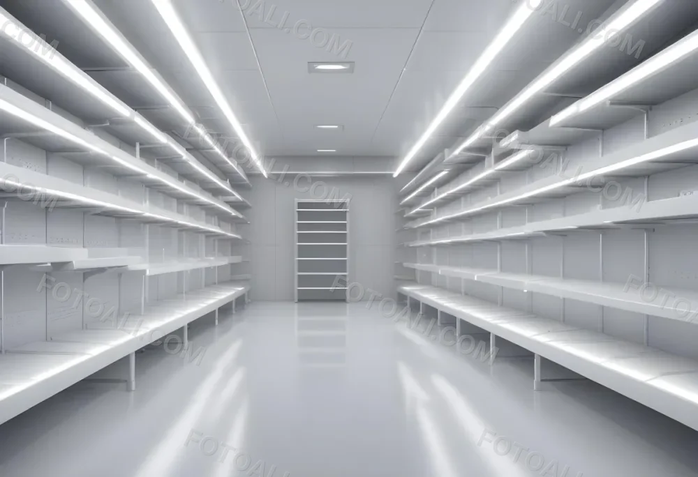 A Long Aisle With White Metal Shelves On Both Sides White Floor And A White Ceiling With Lights 13 C8fe