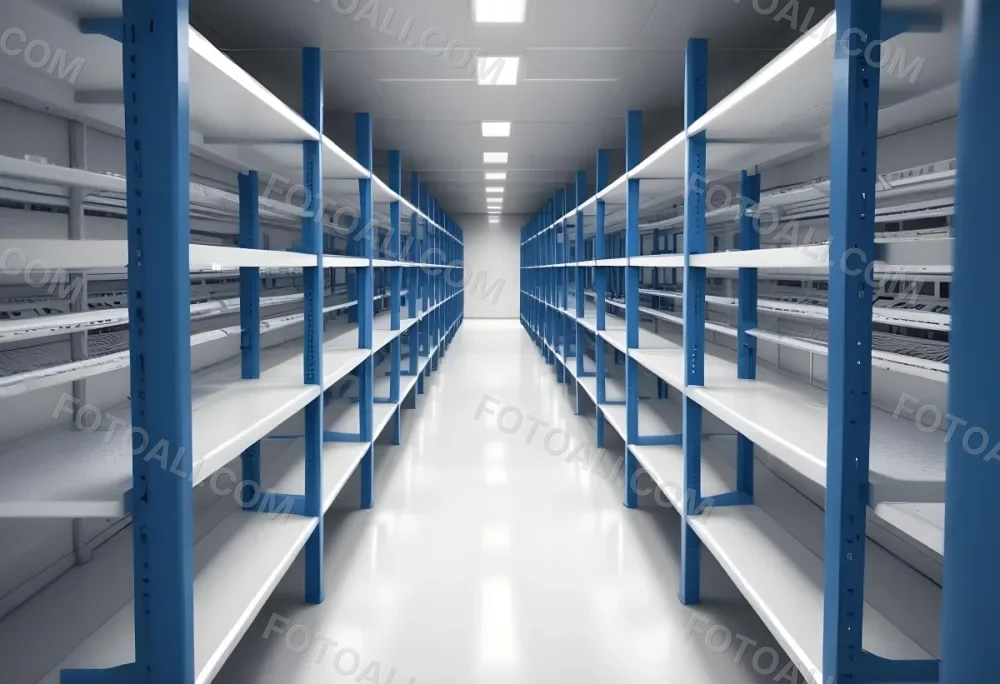 A Long Aisle With White Metal Shelves On Both Sides White Floor And A White Ceiling With Lights 22 F35e