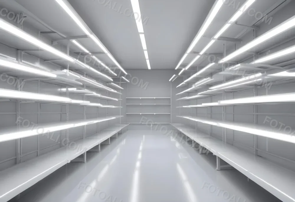 A Long Aisle With White Metal Shelves On Both Sides White Floor And A White Ceiling With Lights 26 6b17