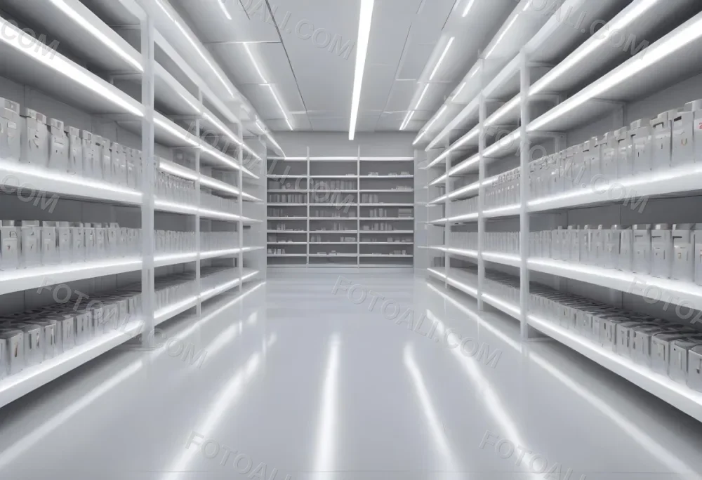A Long Aisle With White Metal Shelves On Both Sides White Floor And A White Ceiling With Lights 29 78a8