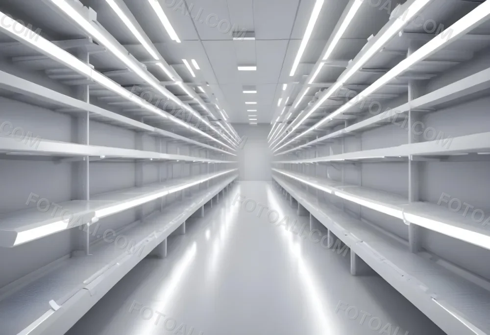 A Long Aisle With White Metal Shelves On Both Sides White Floor And A White Ceiling With Lights 3 0642