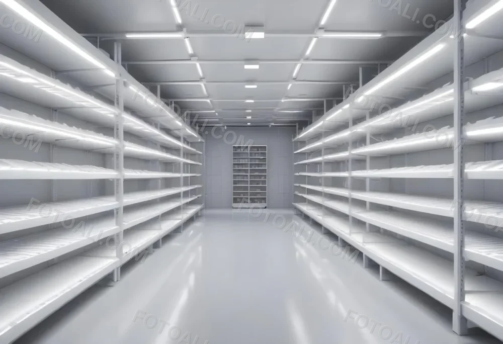 A Long Aisle With White Metal Shelves On Both Sides White Floor And A White Ceiling With Lights 30 B384
