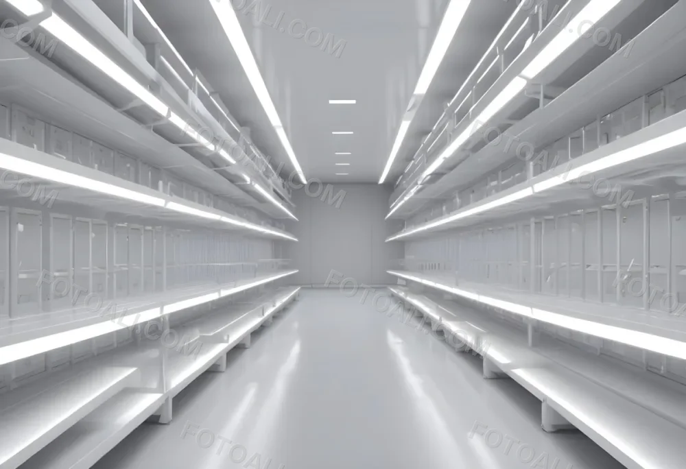A Long Aisle With White Metal Shelves On Both Sides White Floor And A White Ceiling With Lights 31 A1f2