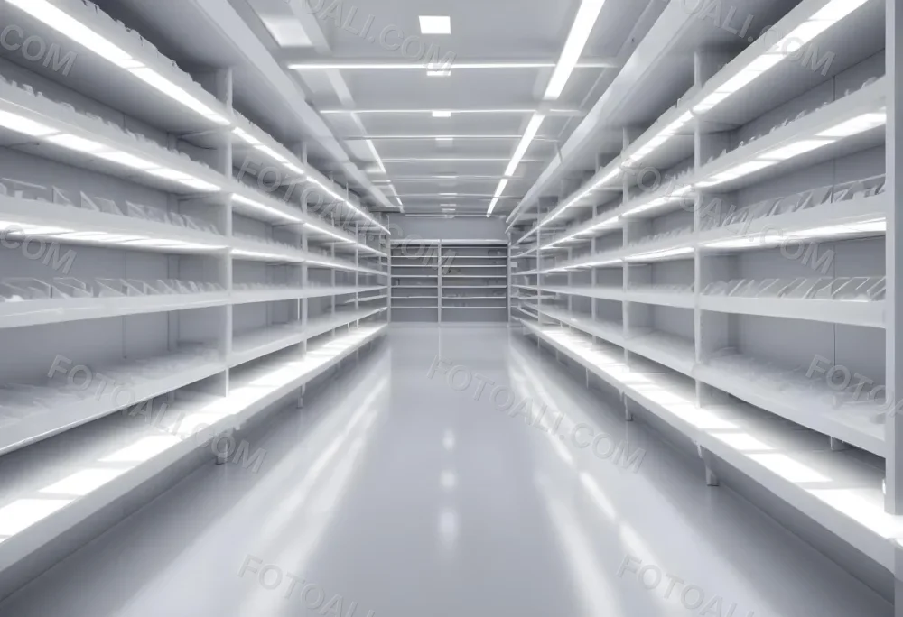A Long Aisle With White Metal Shelves On Both Sides White Floor And A White Ceiling With Lights 32 B9cd