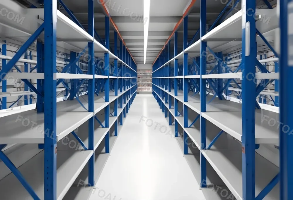 A Long Aisle With White Metal Shelves On Both Sides White Floor And A White Ceiling With Lights 33 4965