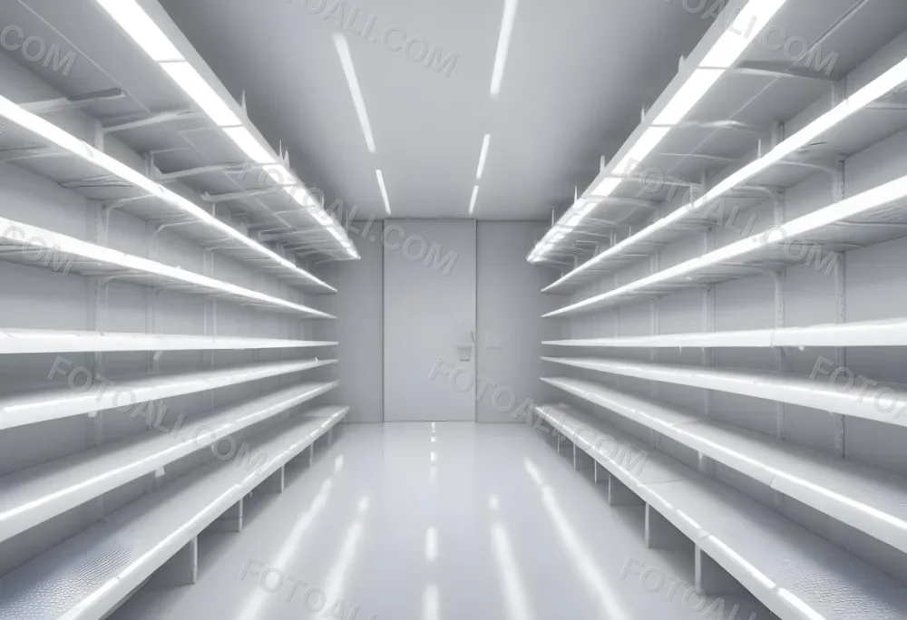 A Long Aisle With White Metal Shelves On Both Sides White Floor And A White Ceiling With Lights 34 Fa67