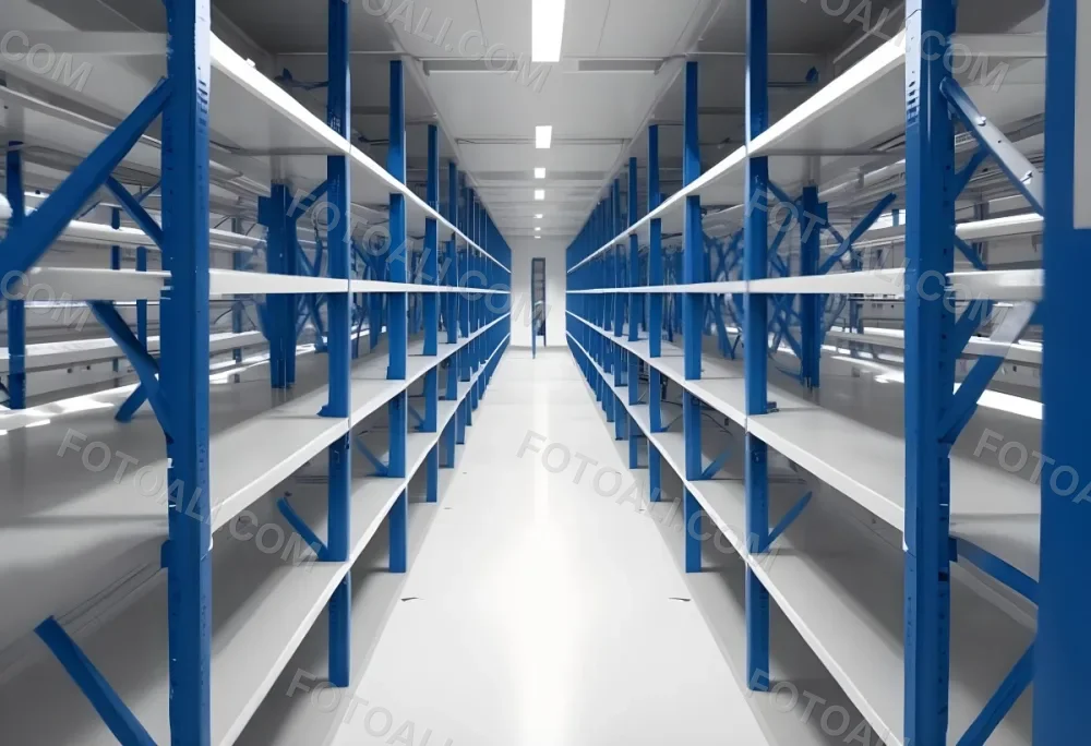 A Long Aisle With White Metal Shelves On Both Sides White Floor And A White Ceiling With Lights 4 0770