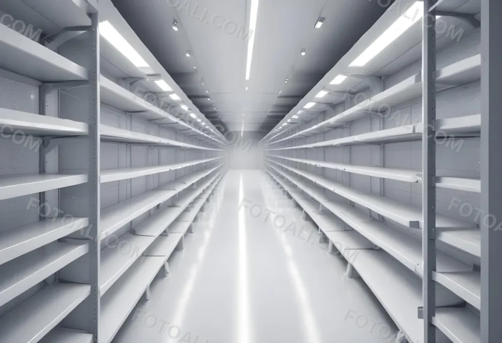 A Long Aisle With White Metal Shelves On Both Sides White Floor And A White Ceiling With Lights 5 27d6