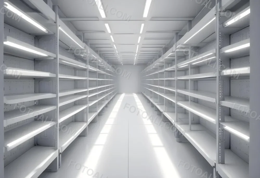 A Long Aisle With White Metal Shelves On Both Sides White Floor And A White Ceiling With Lights 7 E27c