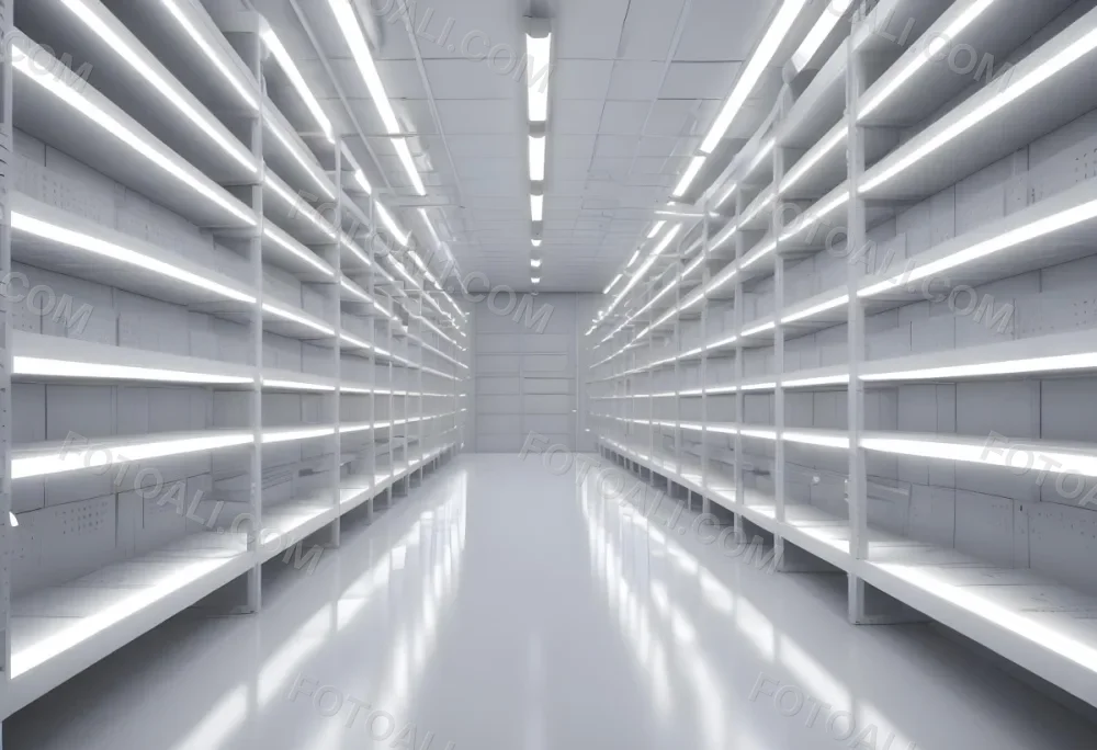 A Long Aisle With White Metal Shelves On Both Sides White Floor And A White Ceiling With Lights 9 506b