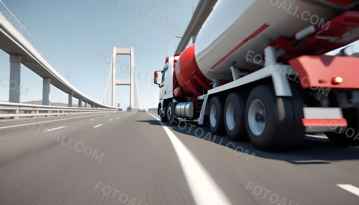A Long Silver Truck On The Road The Trailer Is Reflective Like A Mirror Sunset Sky In The Background 79 C042