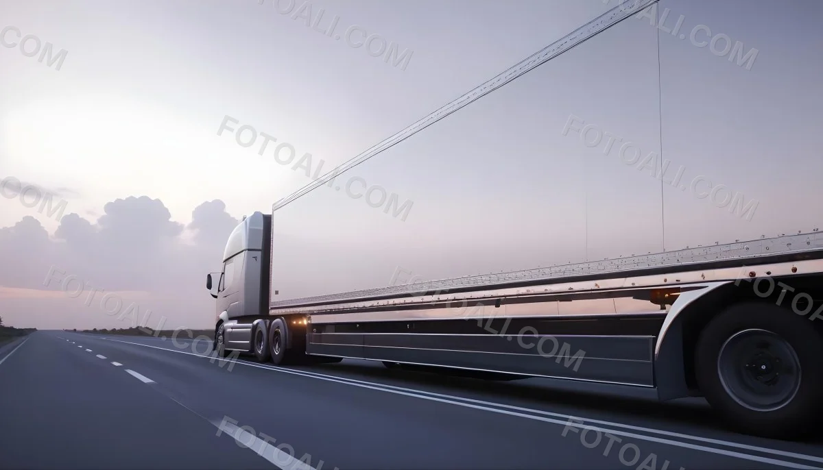 A Long Silver Truck On The Road The Trailer Is Reflective Like A Mirror Sunset Sky In The Background 8 A775