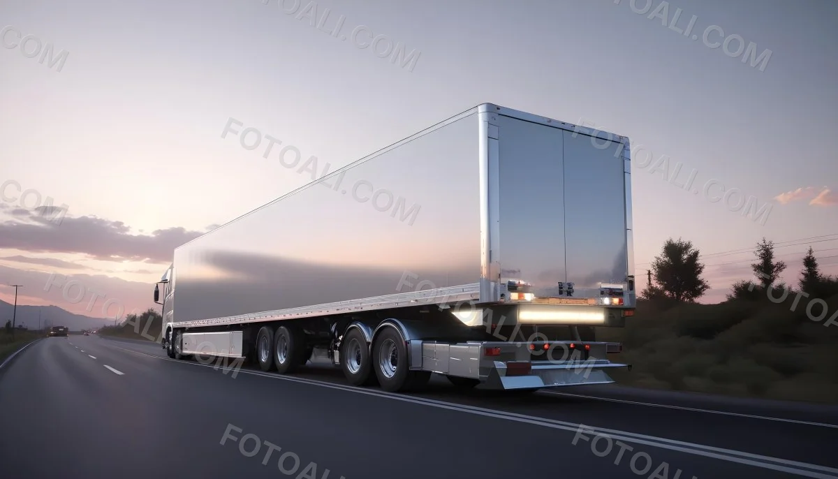 A Long Silver Truck On The Road The Trailer Is Reflective Like A Mirror Sunset Sky In The Background 9 4f7d