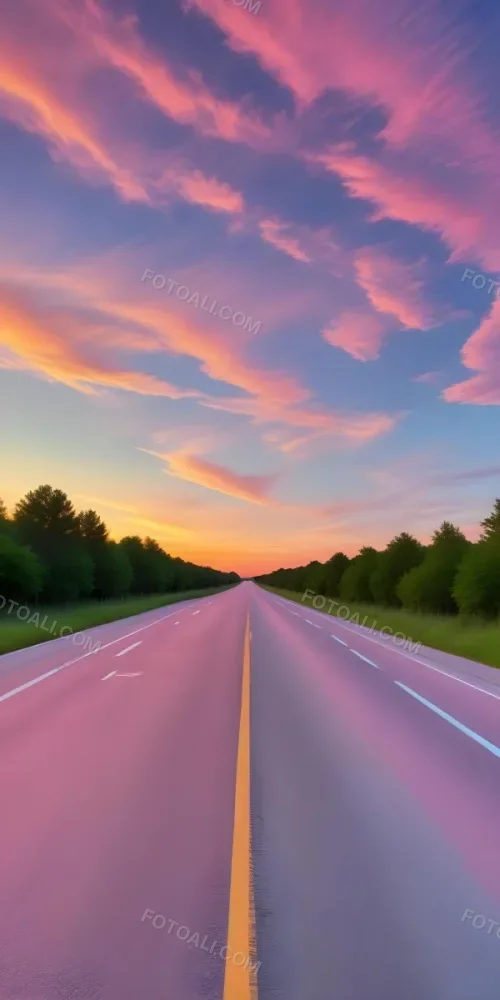 A Long Straight Road Stretches Into The Distance Flanked By Dense Green Trees On Both Sides The Sky Is Filled With Vibrant Pink Orange And Blue Hues Indicating Either Sunrise Or Sunset The Road Has A Double Yellow 1 32d4