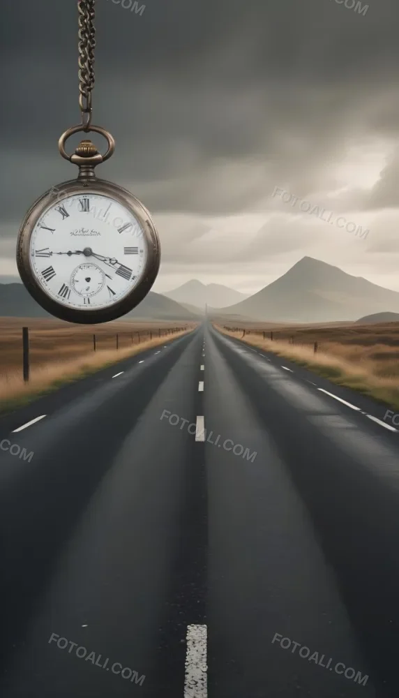 A Long Straight Road Stretching Into The Distance With A Pocket Watch Hanging In The Foreground The Road Is Surrounded By A Grassy Landscape With A Hazy Mountainous Background 1 929d