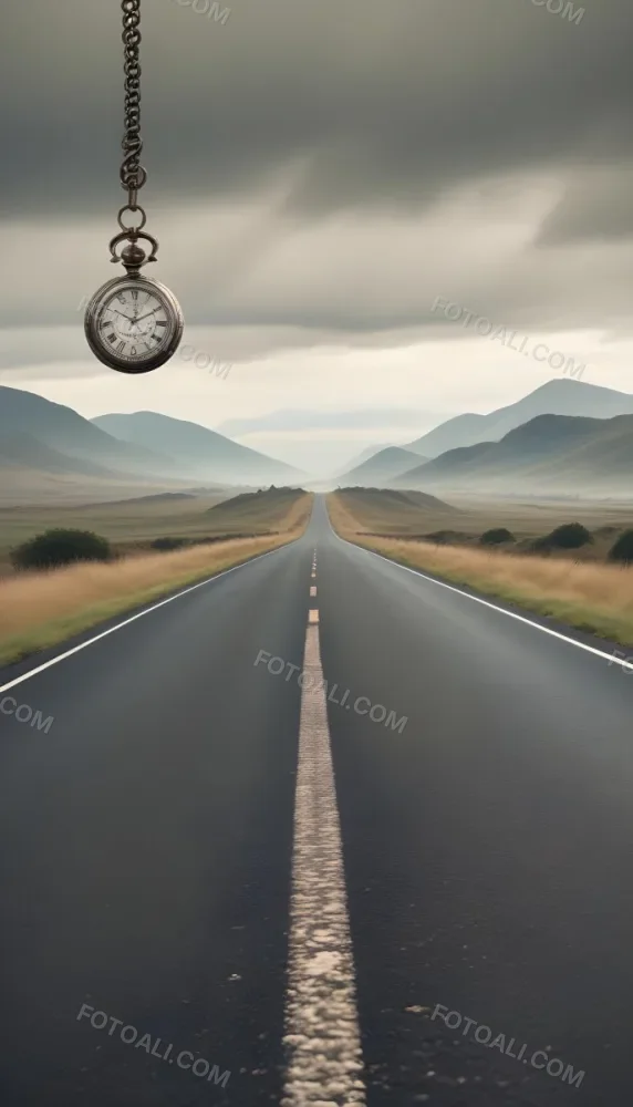 A Long Straight Road Stretching Into The Distance With A Pocket Watch Hanging In The Foreground The Road Is Surrounded By A Grassy Landscape With A Hazy Mountainous Background 13 B2c3
