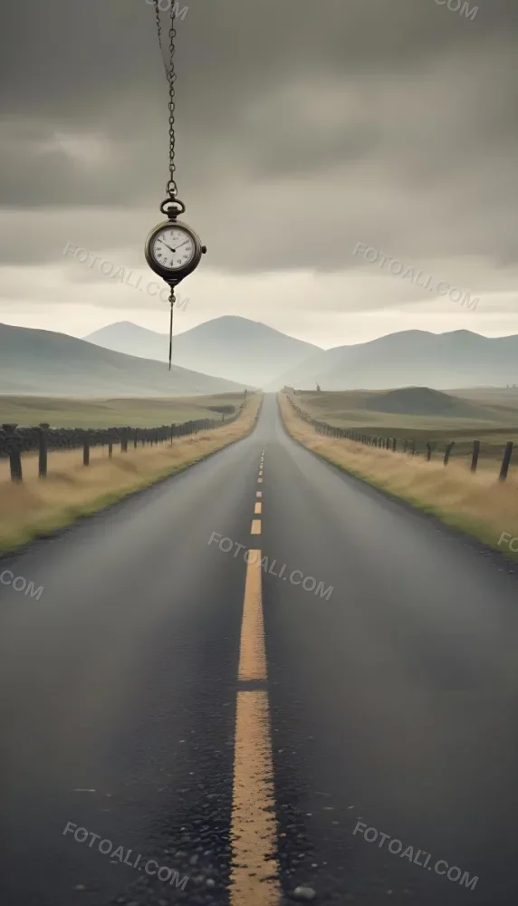 A Long Straight Road Stretching Into The Distance With A Pocket Watch Hanging In The Foreground The Road Is Surrounded By A Grassy Landscape With A Hazy Mountainous Background 14 4970