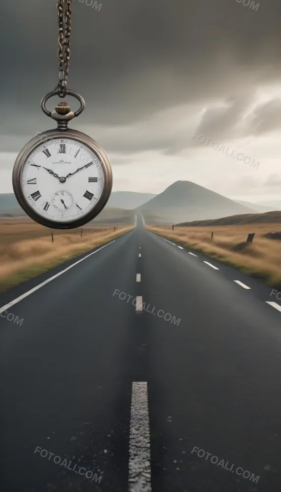 A Long Straight Road Stretching Into The Distance With A Pocket Watch Hanging In The Foreground The Road Is Surrounded By A Grassy Landscape With A Hazy Mountainous Background 17 E479