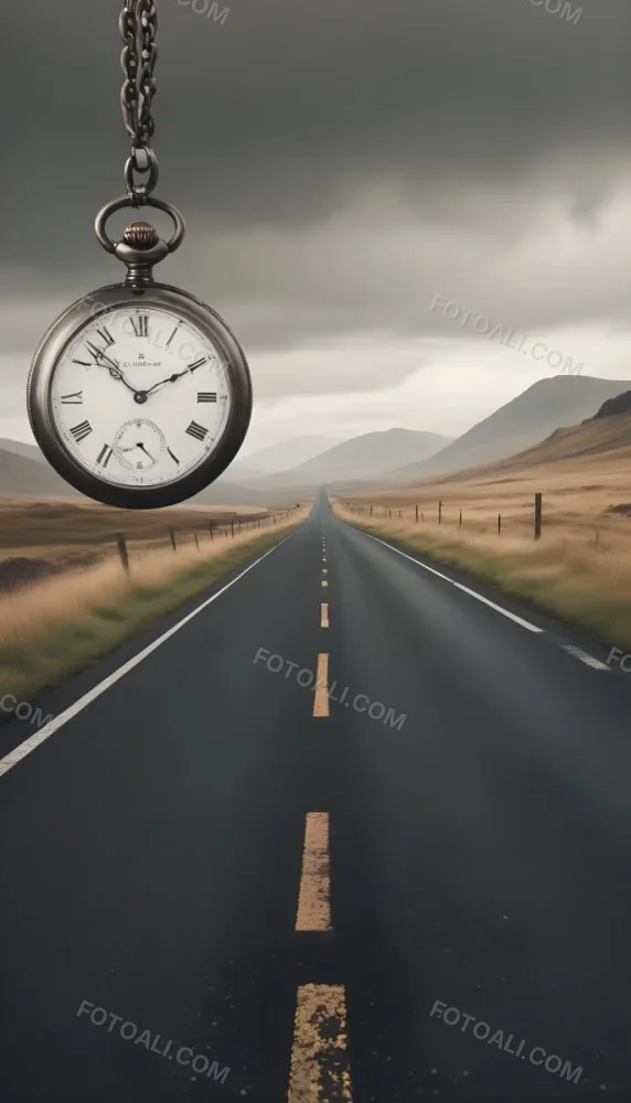 A Long Straight Road Stretching Into The Distance With A Pocket Watch Hanging In The Foreground The Road Is Surrounded By A Grassy Landscape With A Hazy Mountainous Background 18 4679