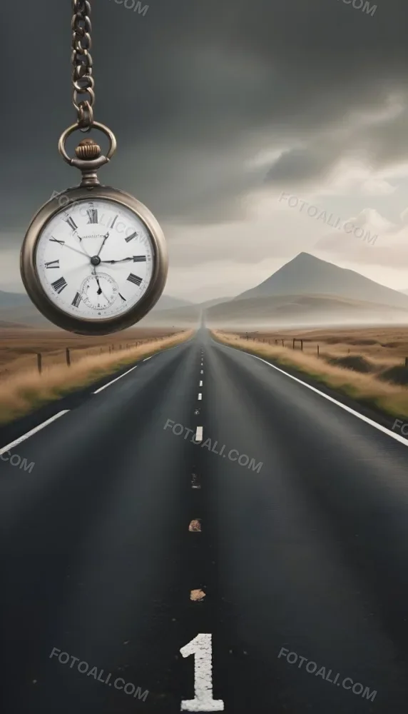 A Long Straight Road Stretching Into The Distance With A Pocket Watch Hanging In The Foreground The Road Is Surrounded By A Grassy Landscape With A Hazy Mountainous Background 19 3686