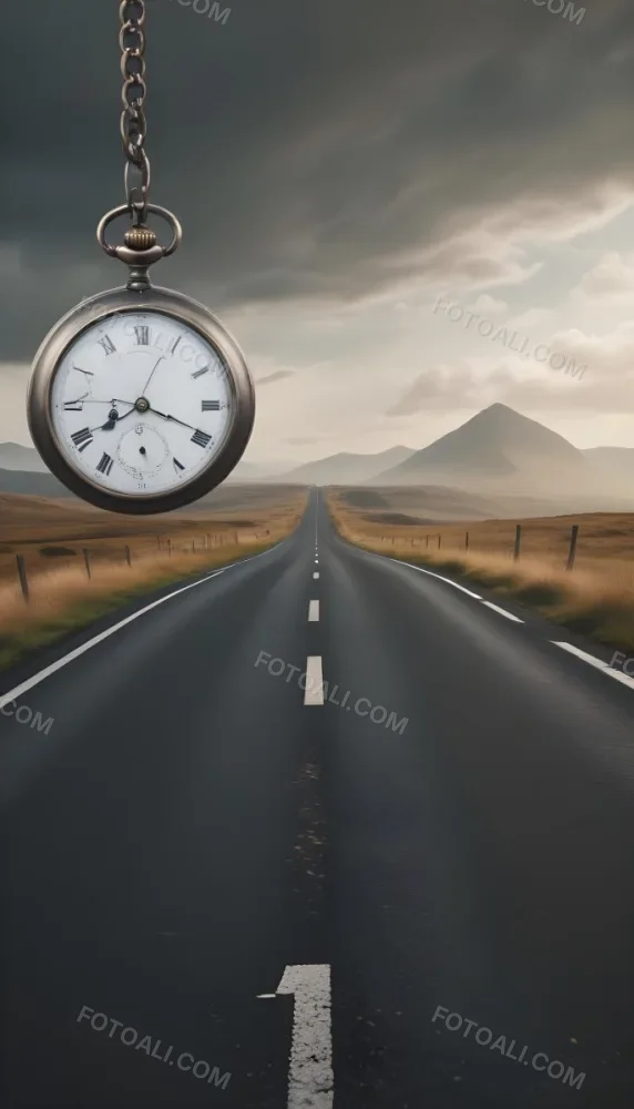 A Long Straight Road Stretching Into The Distance With A Pocket Watch Hanging In The Foreground The Road Is Surrounded By A Grassy Landscape With A Hazy Mountainous Background 20 9e23