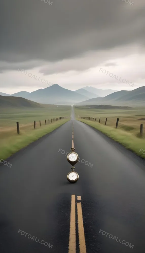 A Long Straight Road Stretching Into The Distance With A Pocket Watch Hanging In The Foreground The Road Is Surrounded By A Grassy Landscape With A Hazy Mountainous Background 4 Df94