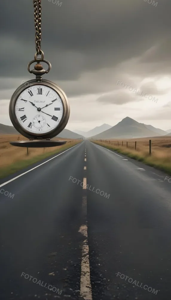 A Long Straight Road Stretching Into The Distance With A Pocket Watch Hanging In The Foreground The Road Is Surrounded By A Grassy Landscape With A Hazy Mountainous Background 5 31ce