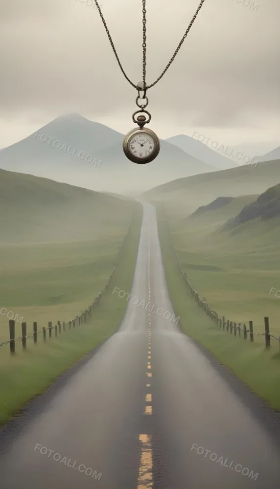 A Long Straight Road Stretching Into The Distance With A Pocket Watch Hanging In The Foreground The Road Is Surrounded By A Grassy Landscape With A Hazy Mountainous Background 6 C21d