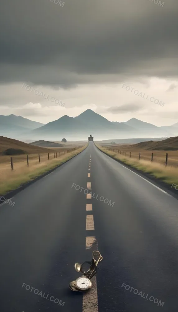 A Long Straight Road Stretching Into The Distance With A Pocket Watch Hanging In The Foreground The Road Is Surrounded By A Grassy Landscape With A Hazy Mountainous Background 7 08b1