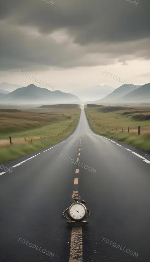 A Long Straight Road Stretching Into The Distance With A Pocket Watch Hanging In The Foreground The Road Is Surrounded By A Grassy Landscape With A Hazy Mountainous Background 8 76dc