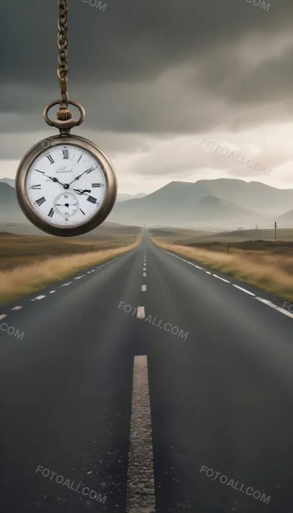 A Long Straight Road Stretching Into The Distance With A Pocket Watch Hanging In The Foreground The Road Is Surrounded By A Grassy Landscape With A Hazy Mountainous Background 9 30cb
