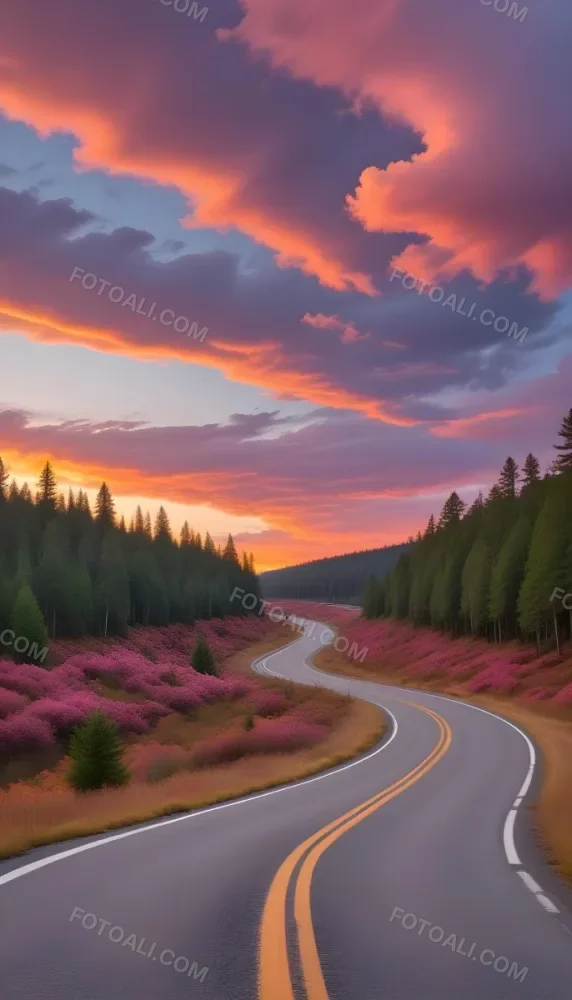 A Long Winding Road Through A Forest At Sunset The Sky Is Filled With Vibrant Shades Of Orange Pink Clouds The Road Stretches Out Into The Distance With Tall Pine Trees Lining Both Sides 3 1f2d
