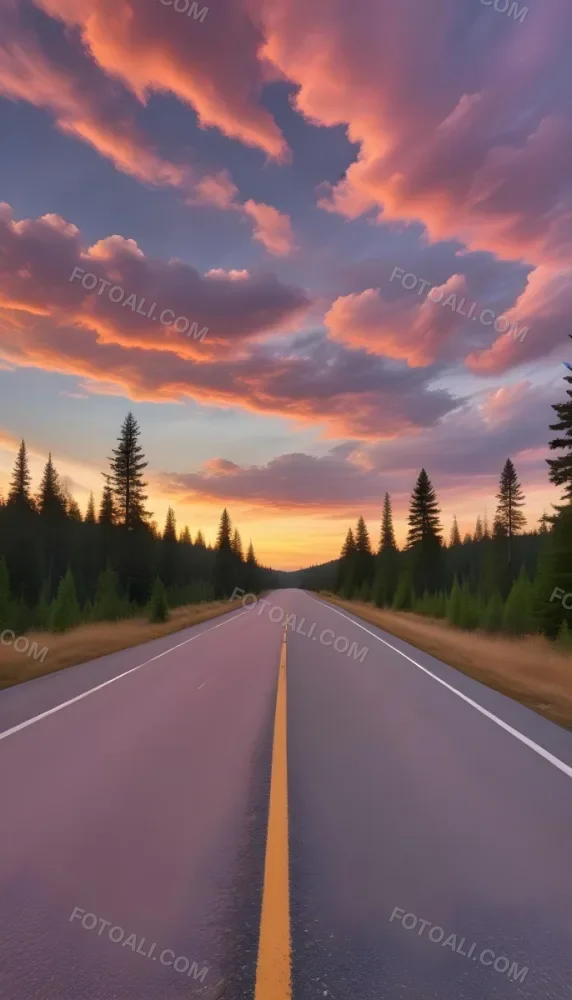 A Long Winding Road Through A Forest At Sunset The Sky Is Filled With Vibrant Shades Of Orange Pink Clouds The Road Stretches Out Into The Distance With Tall Pine Trees Lining Both Sides 4 Bf6e
