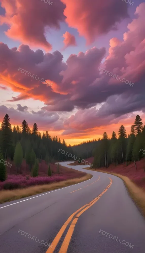 A Long Winding Road Through A Forest At Sunset The Sky Is Filled With Vibrant Shades Of Orange Pink Clouds The Road Stretches Out Into The Distance With Tall Pine Trees Lining Both Sides 5 F768