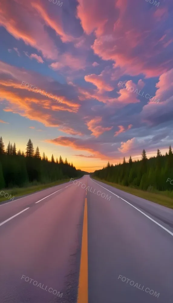 A Long Winding Road Through A Forest At Sunset The Sky Is Filled With Vibrant Shades Of Orange Pink Clouds The Road Stretches Out Into The Distance With Tall Pine Trees Lining Both Sides 6 1d78