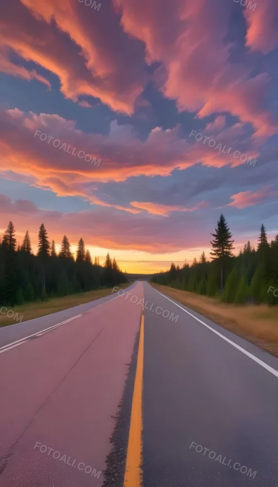 A Long Winding Road Through A Forest At Sunset The Sky Is Filled With Vibrant Shades Of Orange Pink Clouds The Road Stretches Out Into The Distance With Tall Pine Trees Lining Both Sides 7 6205