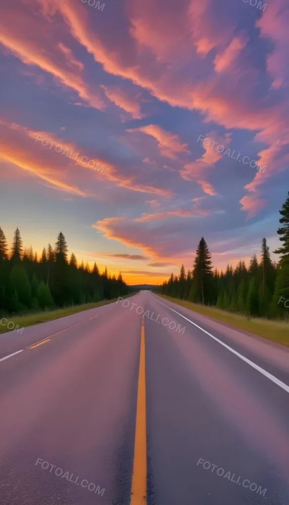 A Long Winding Road Through A Forest At Sunset The Sky Is Filled With Vibrant Shades Of Orange Pink Clouds The Road Stretches Out Into The Distance With Tall Pine Trees Lining Both Sides 8 Eda1