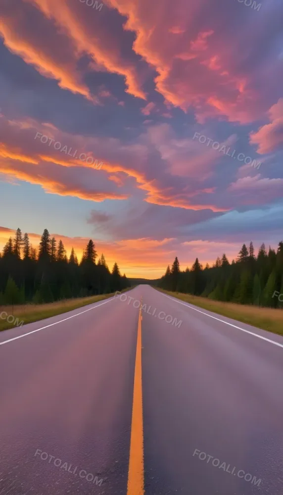 A Long Winding Road Through A Forest At Sunset The Sky Is Filled With Vibrant Shades Of Orange Pink Clouds The Road Stretches Out Into The Distance With Tall Pine Trees Lining Both Sides 9 Ae74