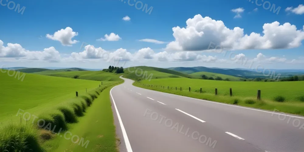 A Long Winding Road Through A Lush Green Countryside With Rolling Hills And Fluffy White Clouds In A Bright Blue Sky 1 Def8