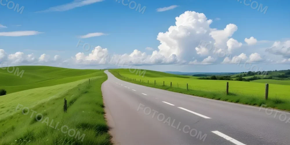 A Long Winding Road Through A Lush Green Countryside With Rolling Hills And Fluffy White Clouds In A Bright Blue Sky 11 7575