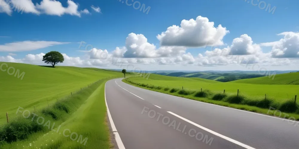 A Long Winding Road Through A Lush Green Countryside With Rolling Hills And Fluffy White Clouds In A Bright Blue Sky 12 05c7