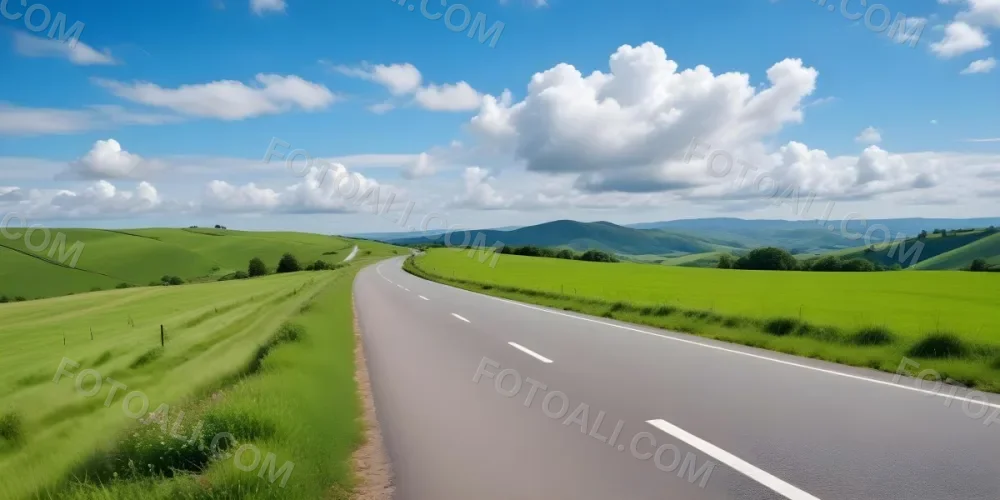 A Long Winding Road Through A Lush Green Countryside With Rolling Hills And Fluffy White Clouds In A Bright Blue Sky 13 9197